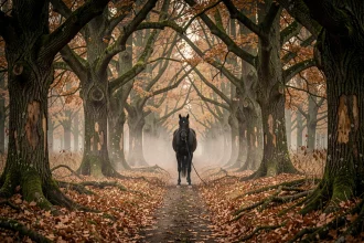 Cheval noir sans cavalier dans une forêt automnale brumeuse évoquant la légende du cavalier sans tête