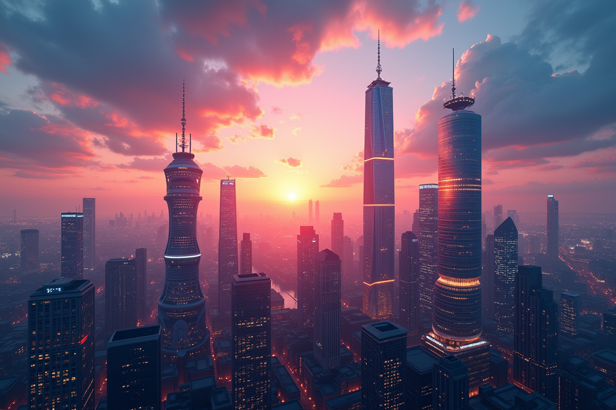 Ciel de ville futuriste au lever du soleil avec symboles blockchain flottants