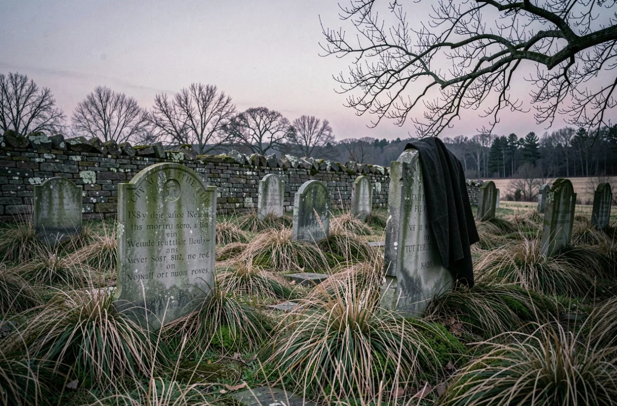 Cimetière colonial américain au crépuscule avec pierres tombales couvertes de mousse évoquant la légende du cavalier sans tête