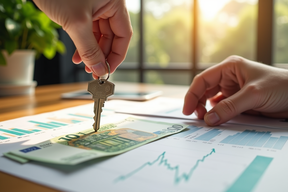 Main posant des clés sur des billets et graphiques immobiliers