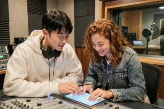 Collaboration musicale entre un artiste coréen et une artiste occidentale dans un studio d'enregistrement moderne