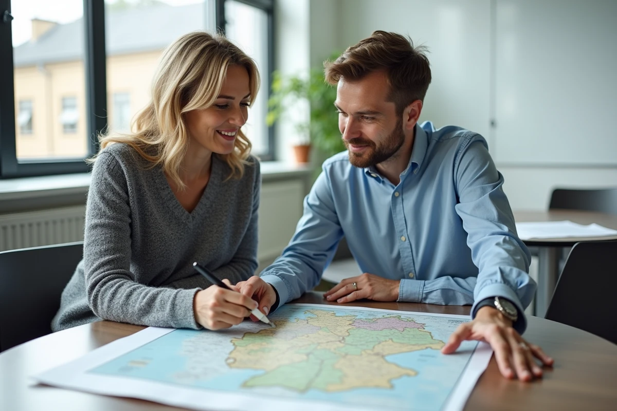 Deux professeurs collaborant autour d'une carte de l'Allemagne dans la salle des enseignants