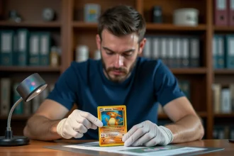 Collectionneur de cartes Pokémon rares manipulant une carte holographique avec des gants blancs à son bureau de rangement