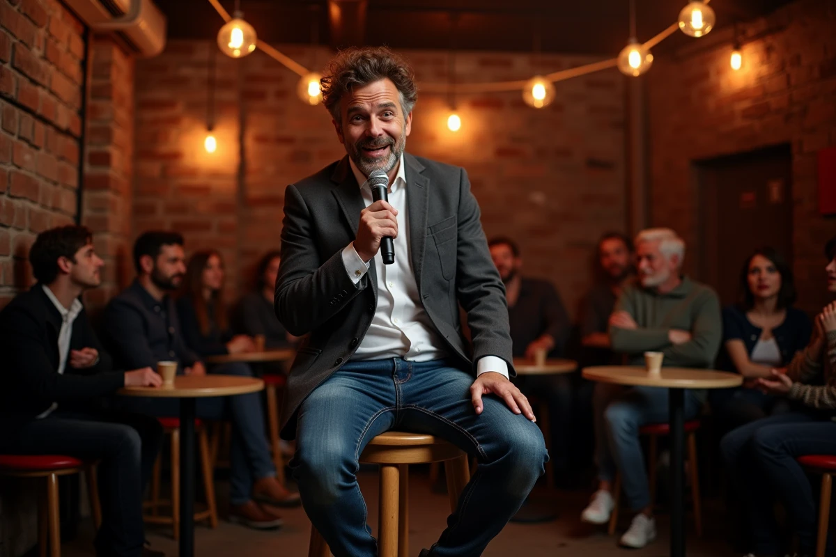 Comedien francais assis sur un tabouret dans un club parisien