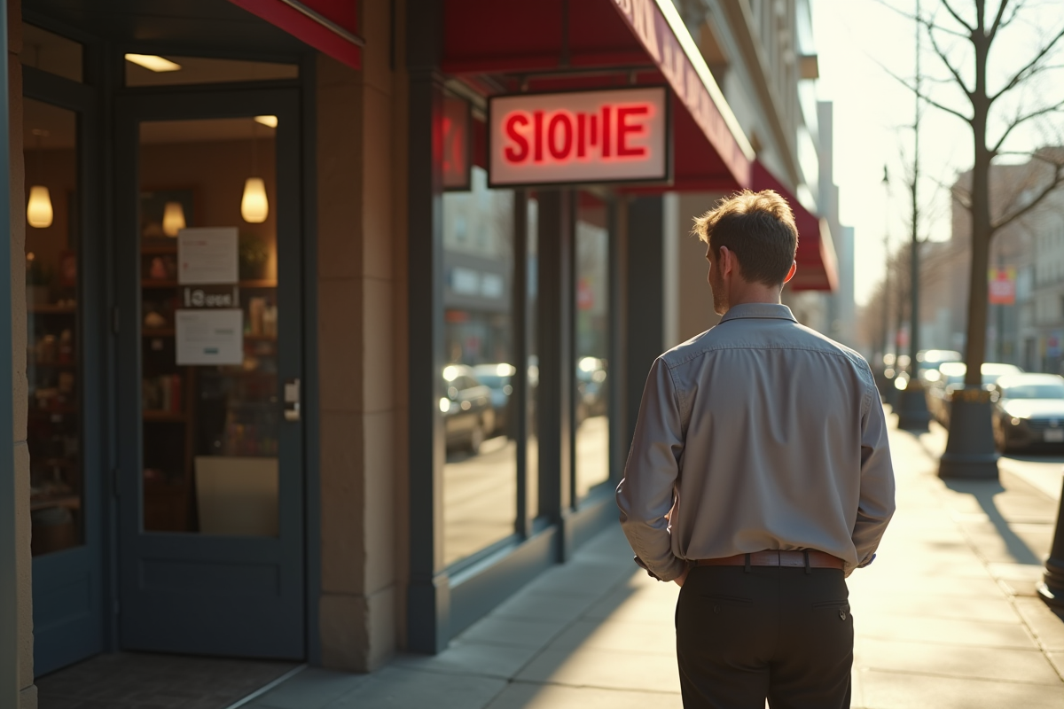 Propriétaire devant un magasin vide avec un panneau vente