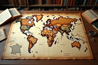 Carte du monde vintage sur une table en bois comparant la superficie de la Russie et de la France avec une loupe