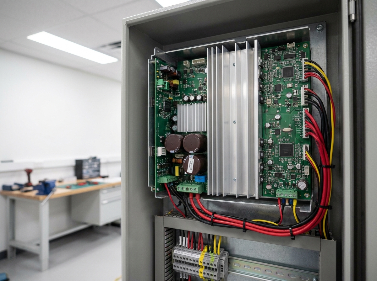 Gros plan sur les composants internes d'un variateur de fréquence ouvert avec cartes électroniques et câblage