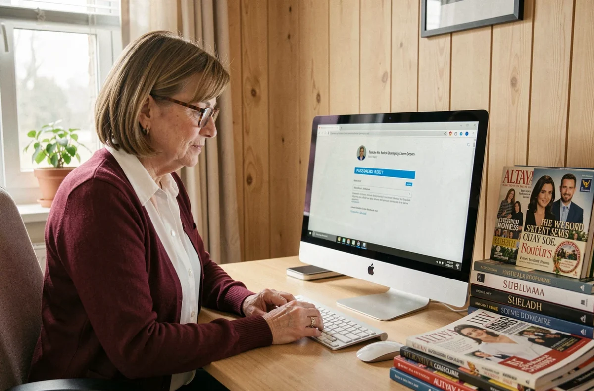 Femme mature réinitialisant son mot de passe Altaya Mon Compte sur un ordinateur de bureau