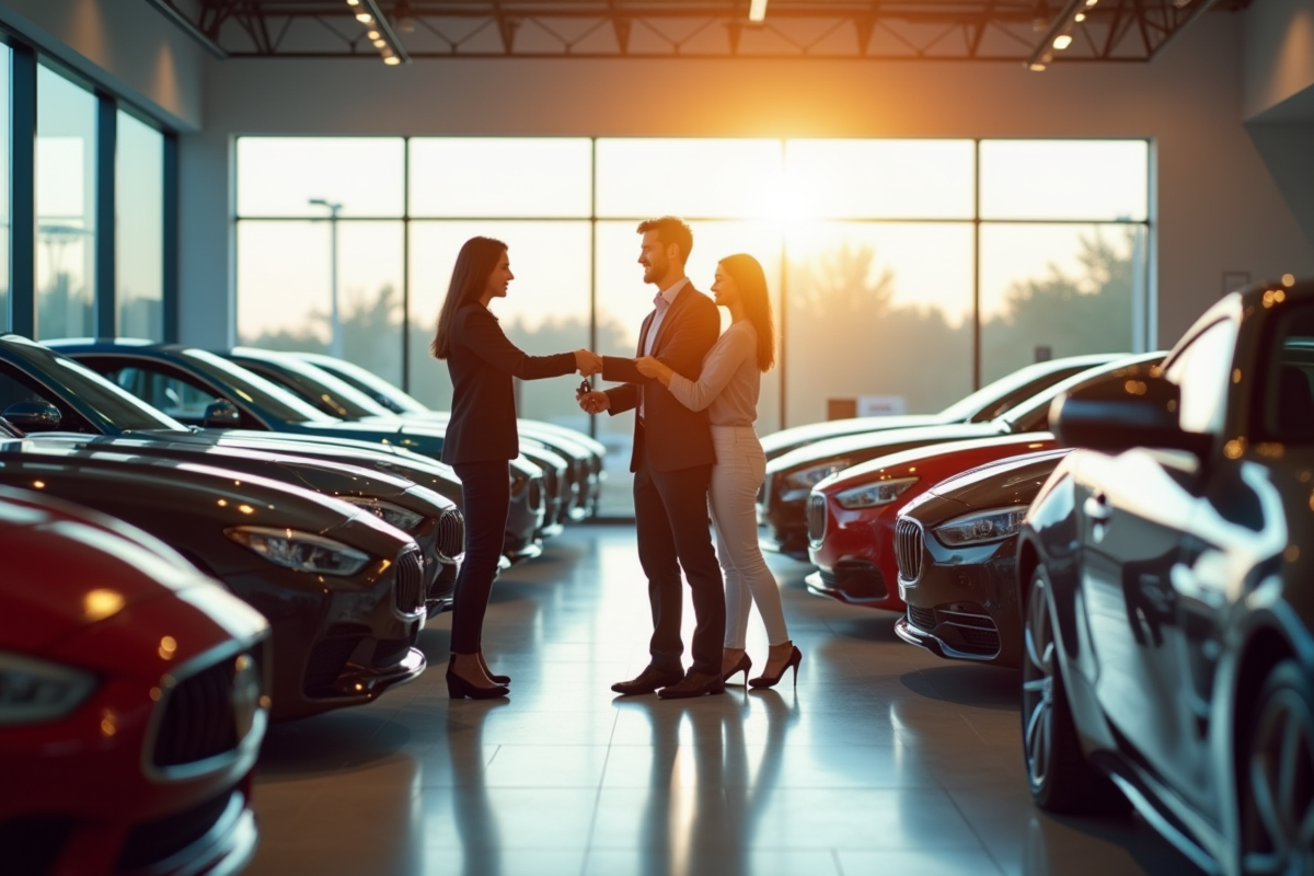 Intérieur d une concession de voitures de luxe avec clients et vendeur