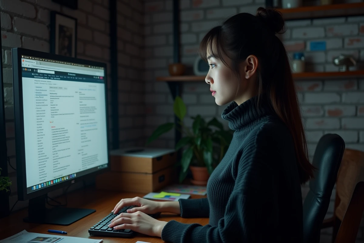 Femme adulte consultant un site de scan manga yaoi en version non censurée sur un écran d'ordinateur dans un bureau à domicile
