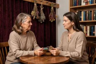Consultation avec une voyante sérieuse, cliente assise en face d'une consultante tenant un jeu de tarot dans une pièce décorée avec authenticité