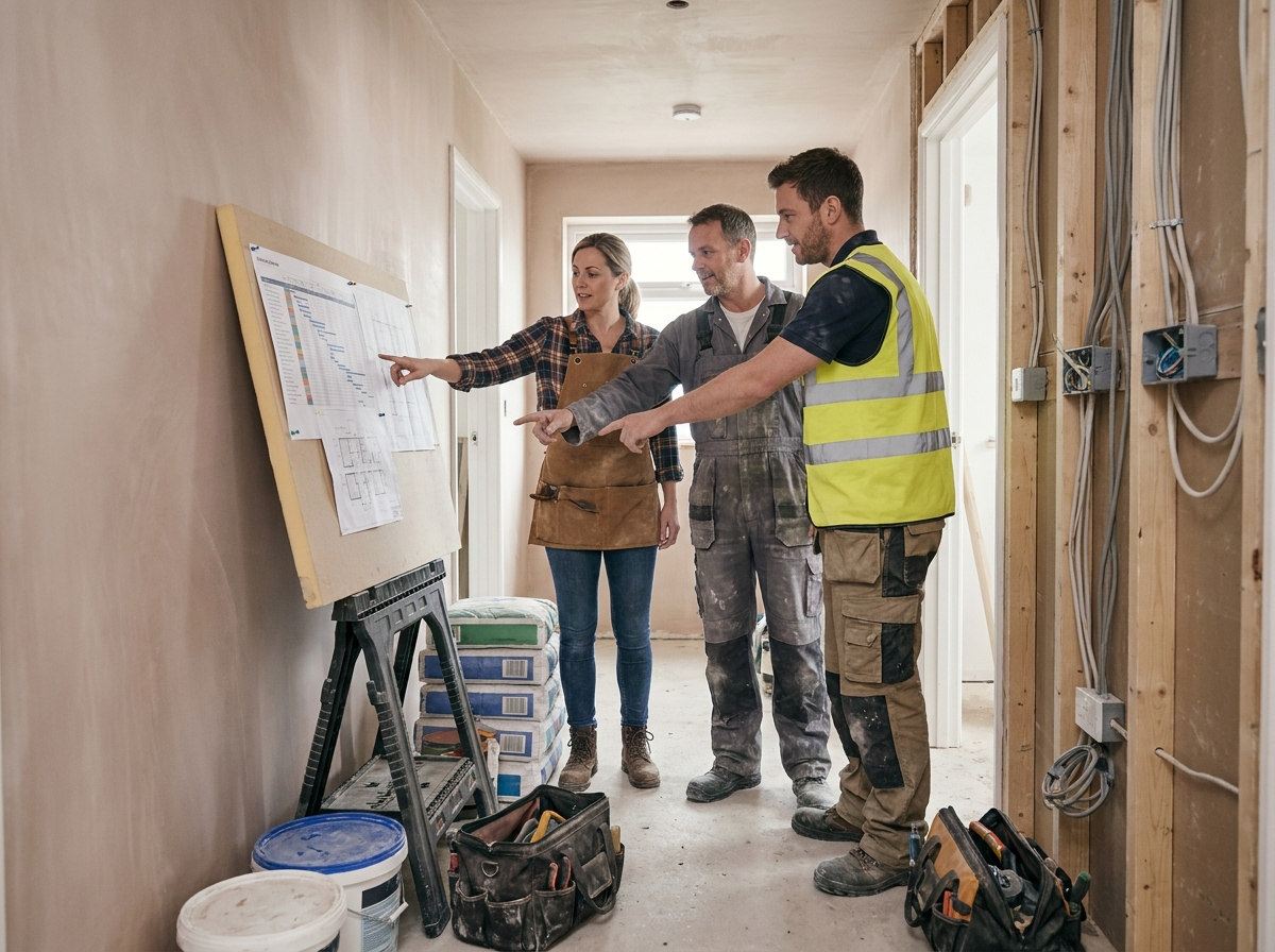 Plombier, électricien et charpentier coordinant leur planning dans un couloir de maison en rénovation