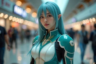 Cosplayeuse en costume inspiré du personnage Tier Harribel de Bleach lors d'une convention anime