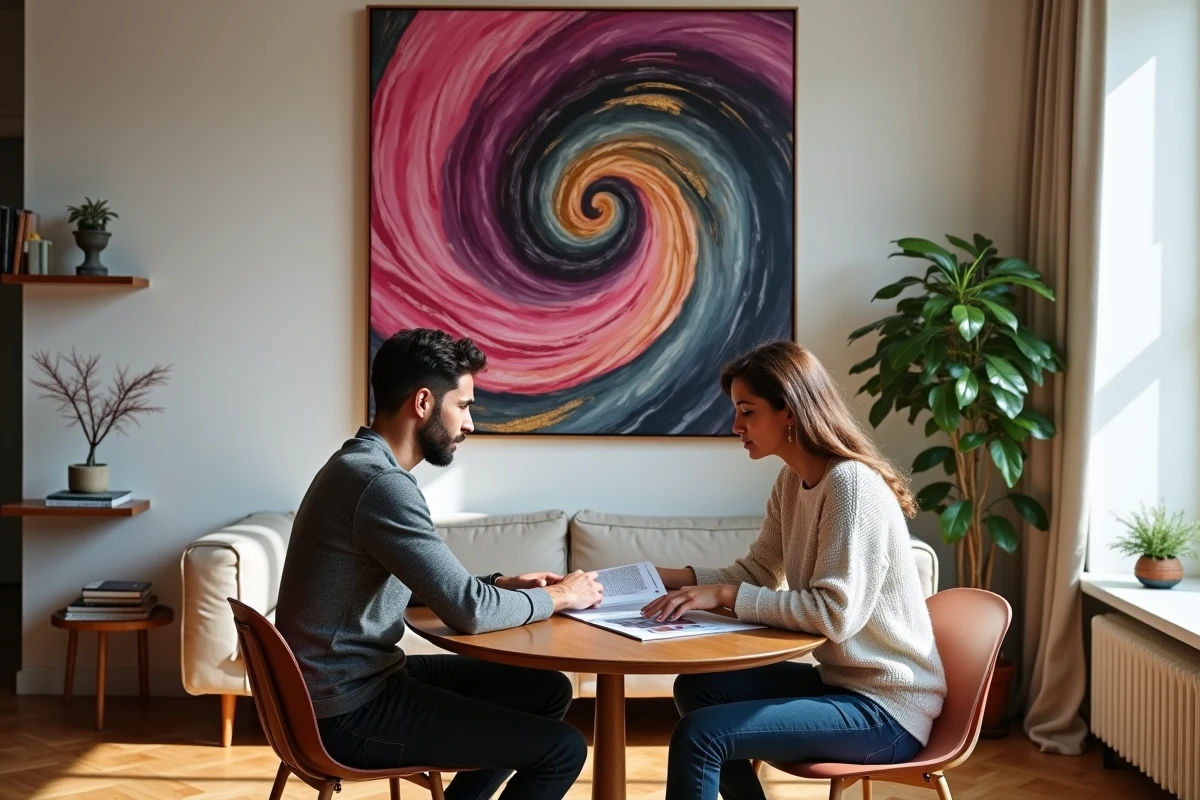 Couple consultant un catalogue d'art futuriste dans un appartement décoré d'une peinture aux formes spiralées et couleurs vives