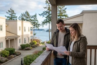 Jeune couple regardant des documents sur un balcon face à la mer