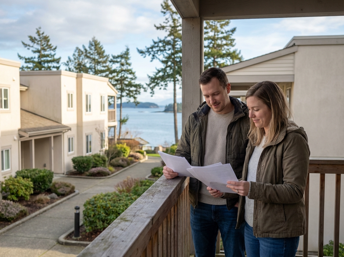 Jeune couple regardant des documents sur un balcon face à la mer