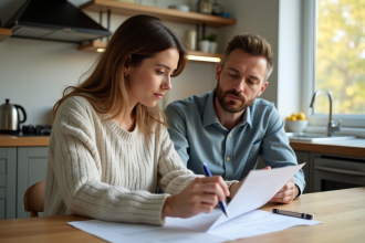 Femme et homme discutent documents dans cuisine moderne