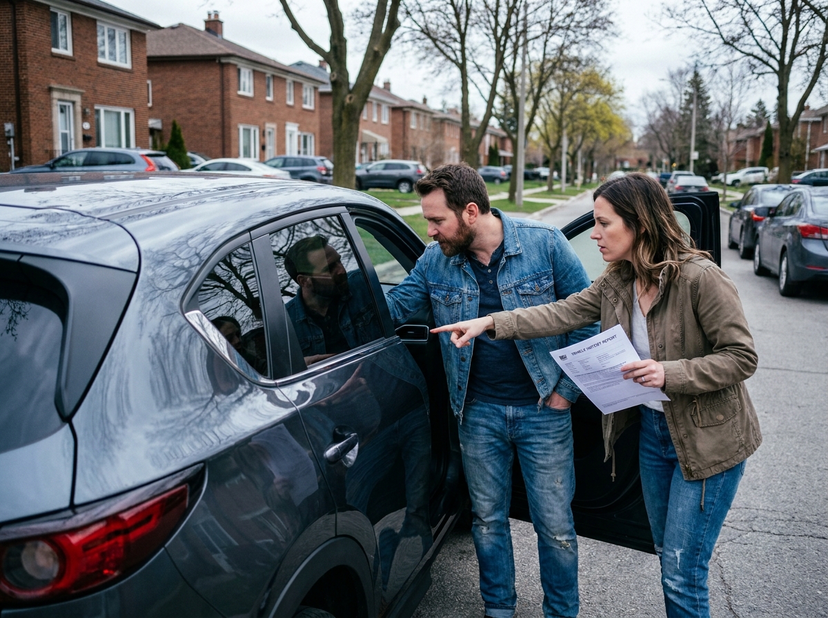 Couple inspectant l'intérieur d'un SUV d'occasion dans une rue résidentielle avec un rapport de contrôle technique