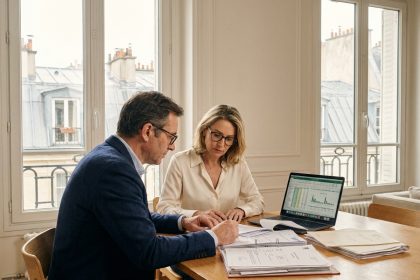 Couple de l'ouest parisien organisant leur patrimoine immobilier et fiscal autour d'une table avec documents financiers dans un appartement haussmannien