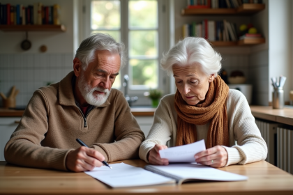 Couple retraité français examinant des factures à la maison