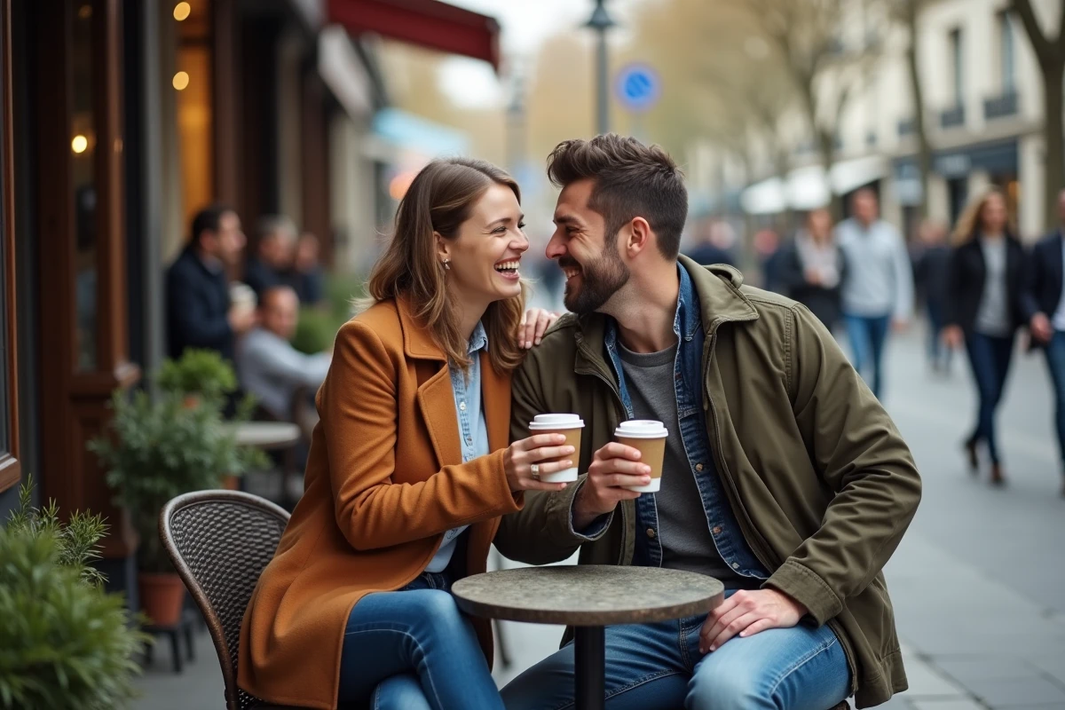Couple complice attablé en terrasse de café parisien, partageant un moment d'amour et de complicité