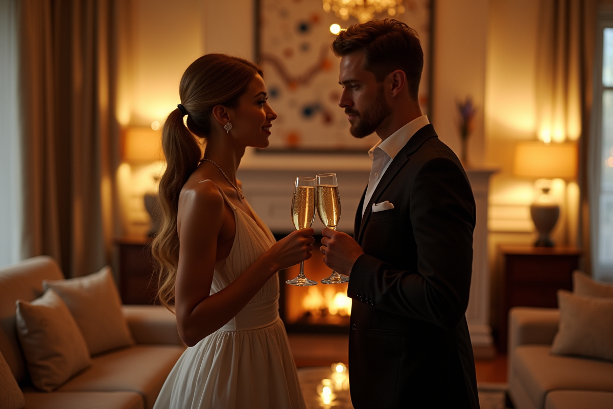 Couple élégant trinant avec du champagne dans un salon luxueux