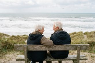 Couple agee assis sur un banc face a la mer en nature