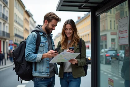 Couple souriant à un arrêt de bus à Lyon