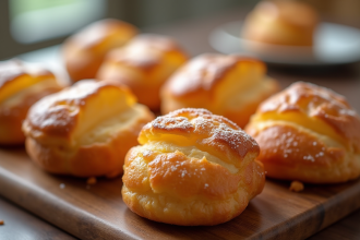 Choux craquelin dorés sur planche en bois