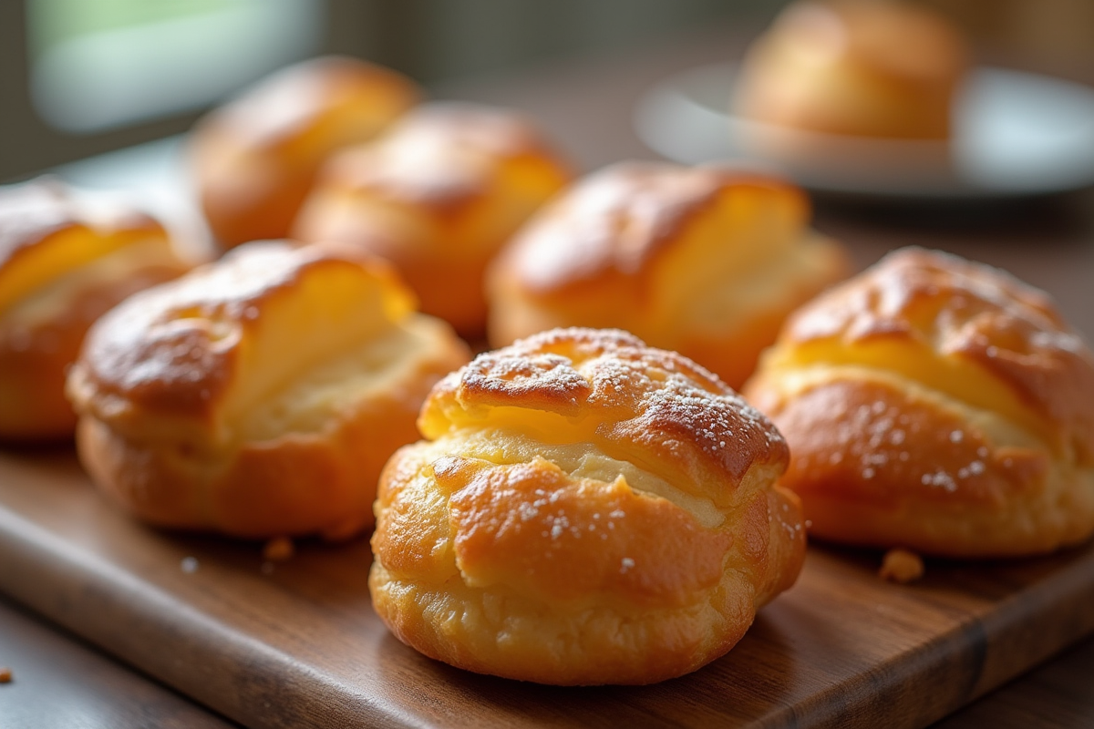 Choux craquelin dorés sur planche en bois