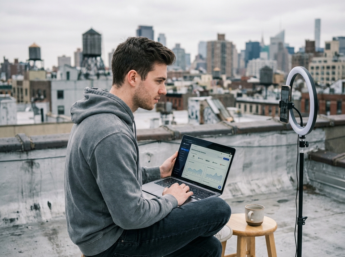Créateur de contenu masculin travaillant sur un partenariat de marque depuis un rooftop urbain avec ordinateur portable