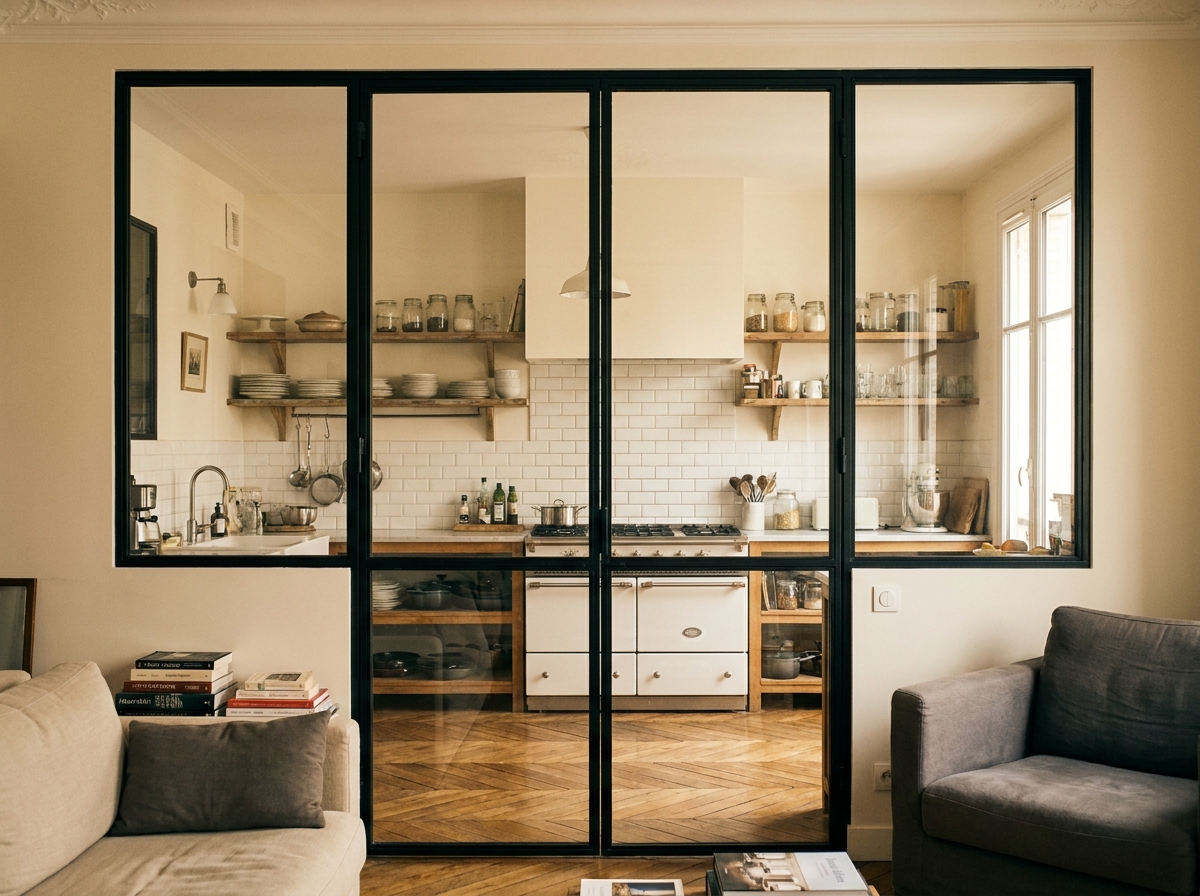 Cuisine parisienne style atelier avec grande verrière en fer et verre donnant sur le salon