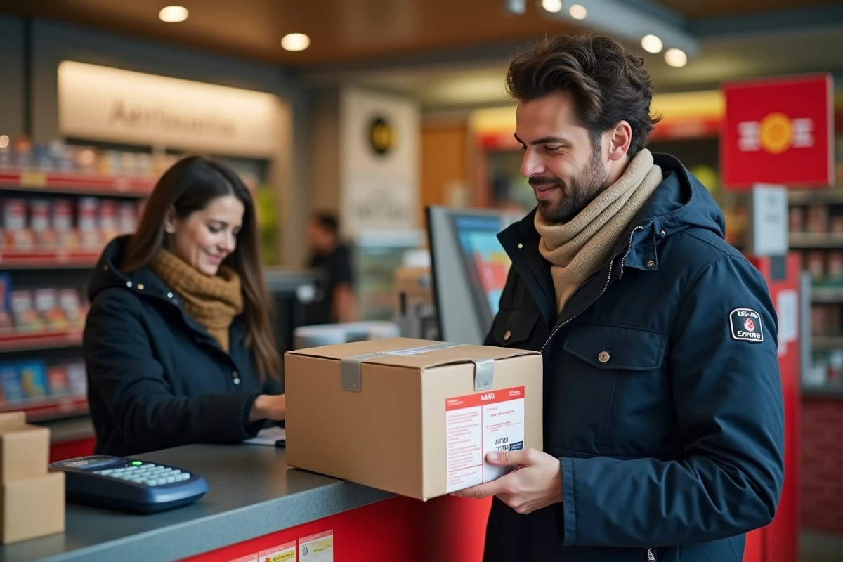 Homme déposant un colis Vinted dans un point relais La Poste en commerce de proximité en France