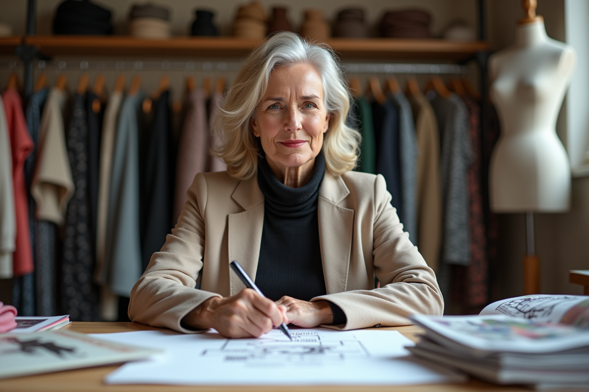 Créatrice de mode dessinant dans son atelier lumineux