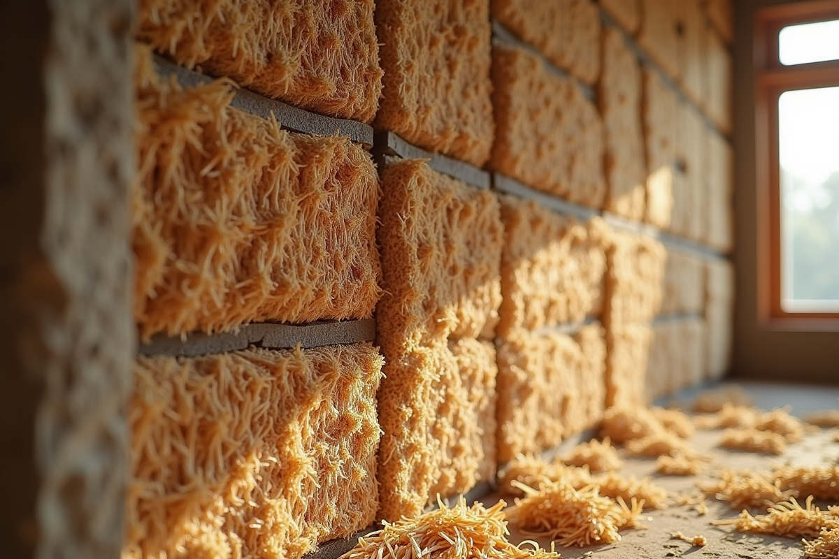 vue rapprochée isolation paille dans un mur en construction écologique