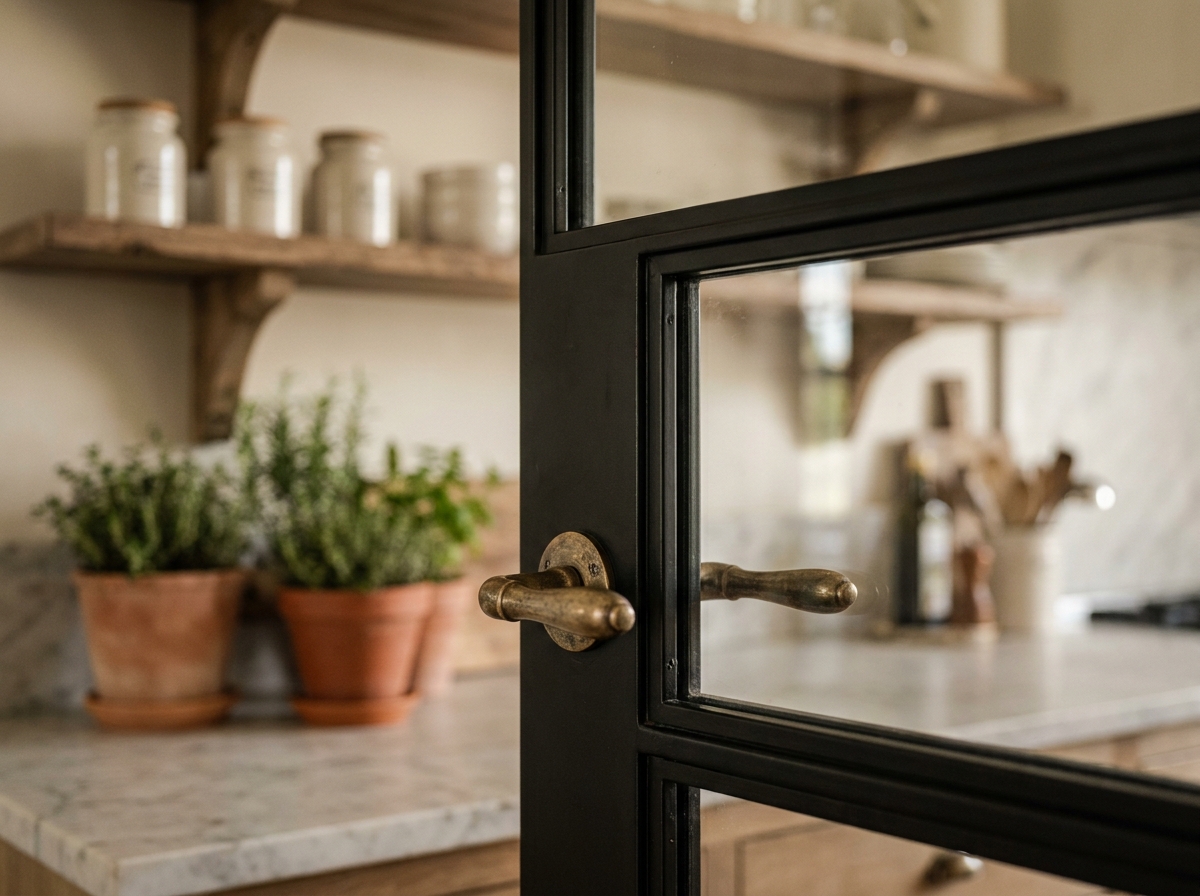 Détail d'une verrière en acier noir avec poignée en laiton séparant la cuisine du couloir