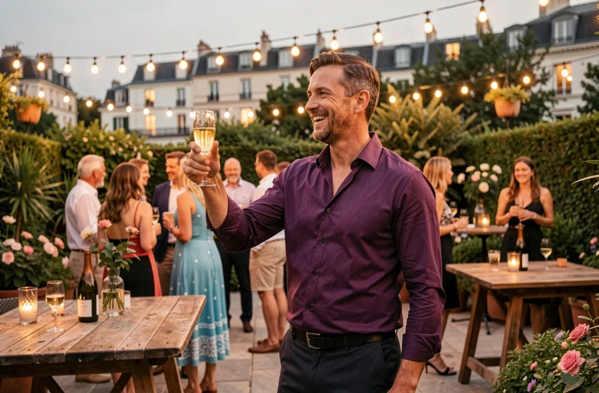 Animateur de Dionysos Events portant un toast lors d'une réception cocktail estivale en plein air dans les Hauts-de-Seine