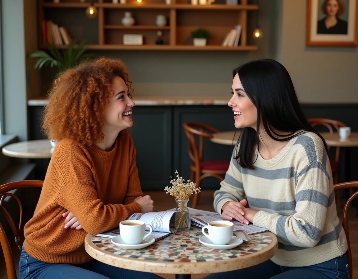 Deux femmes discutant autour d'un exemplaire de magazine culturel dans un café parisien