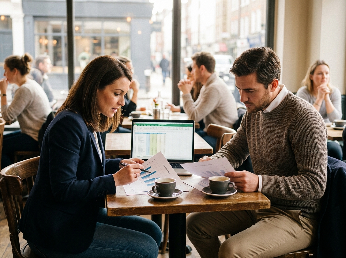 Deux entrepreneurs en discussion stratégique dans un café, examinant des documents pour préparer le lancement de leur société
