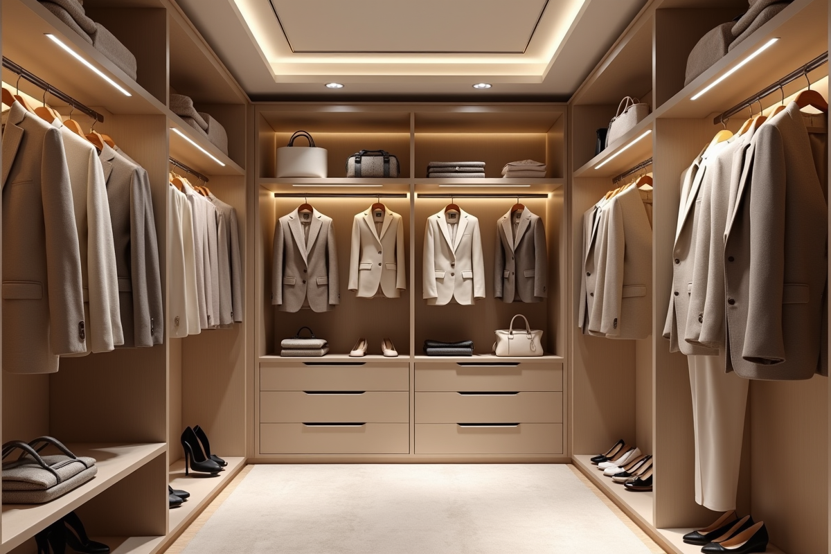 Dressing haut de gamme avec costumes et sacs en tons neutres
