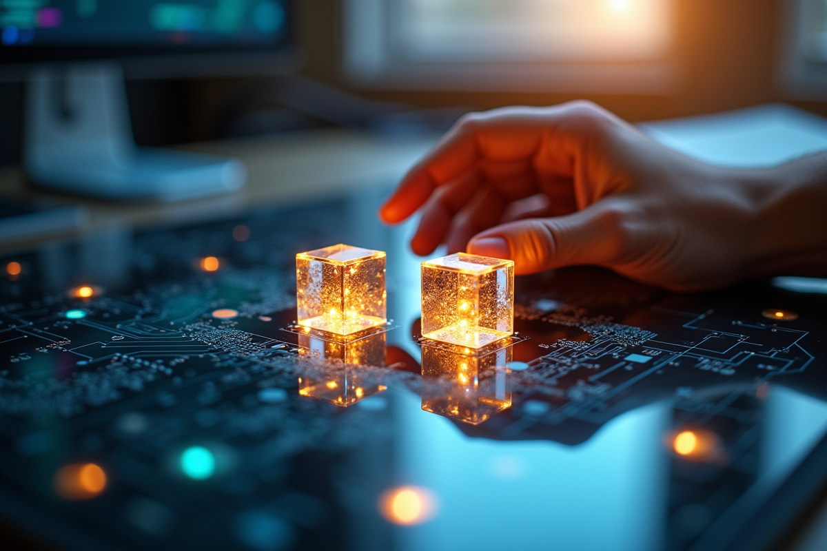 Gros plan de blocs connectes par circuits numériques lumineux