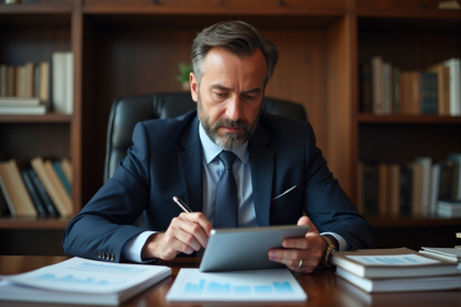 Economiste homme en costume dans un bureau sophistiqué