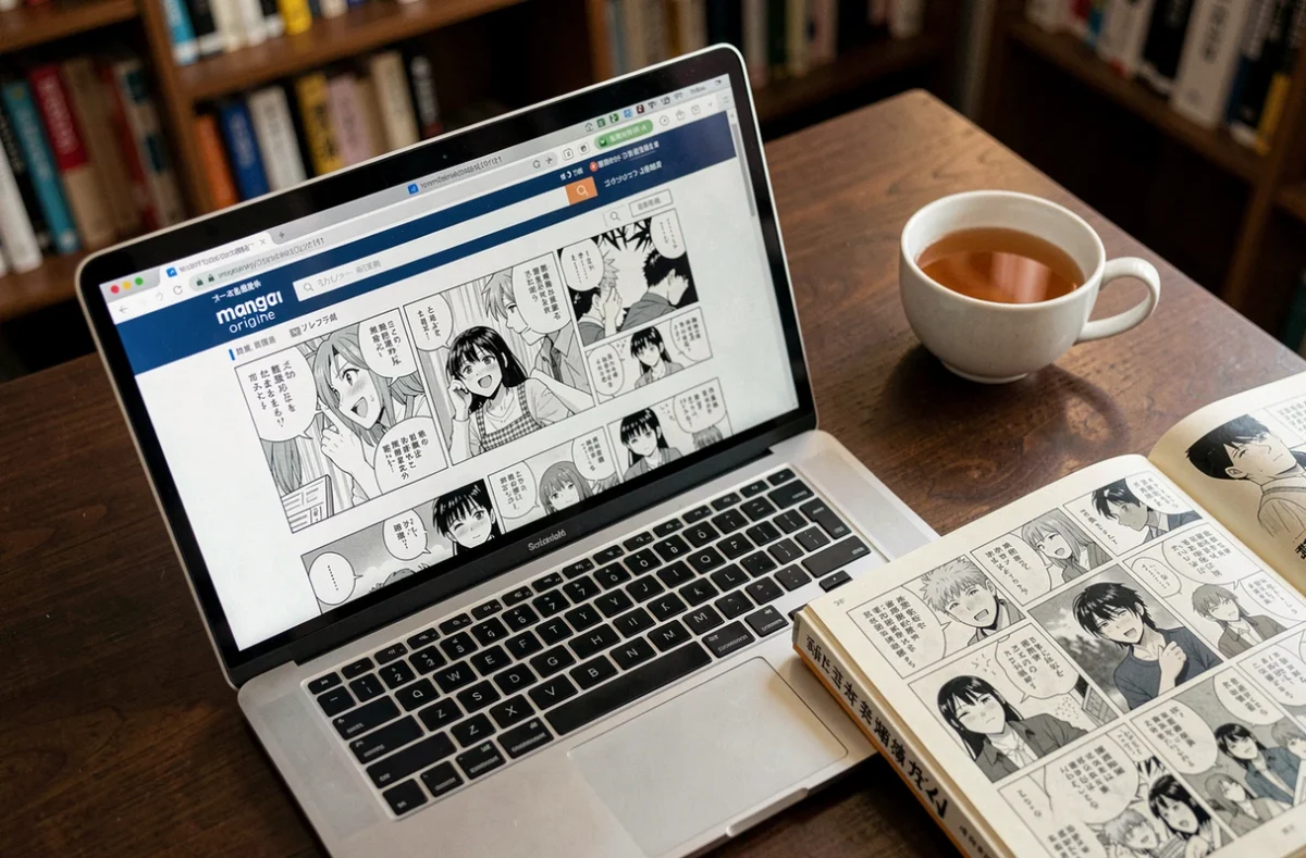Gros plan d'un écran affichant un site de scan manga avec le terme manga origine dans la barre de recherche