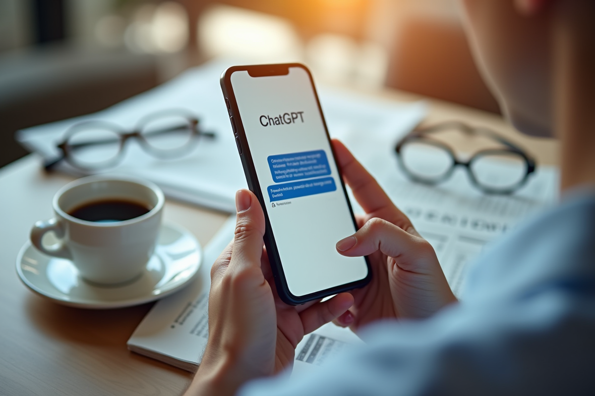 Gros plan sur un smartphone avec conversation ChatGPT dans la main