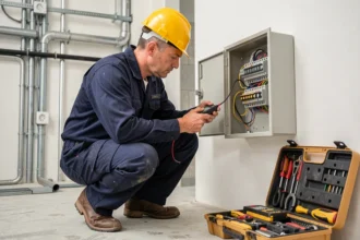 Électricien professionnel inspectant un tableau électrique dans une maison des Pyrénées-Orientales