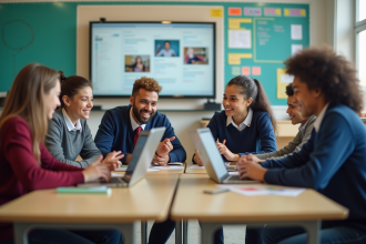 Groupe d'élèves au lycée travaillant sur ordinateur