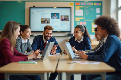 Groupe d'élèves au lycée travaillant sur ordinateur