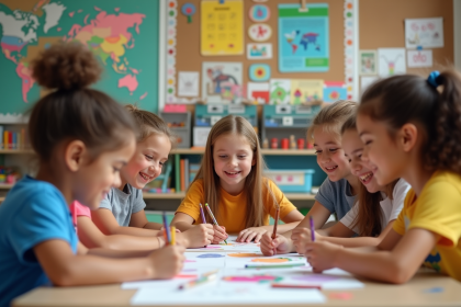 Groupe d'enfants à l'école travaillant ensemble sur un projet créatif