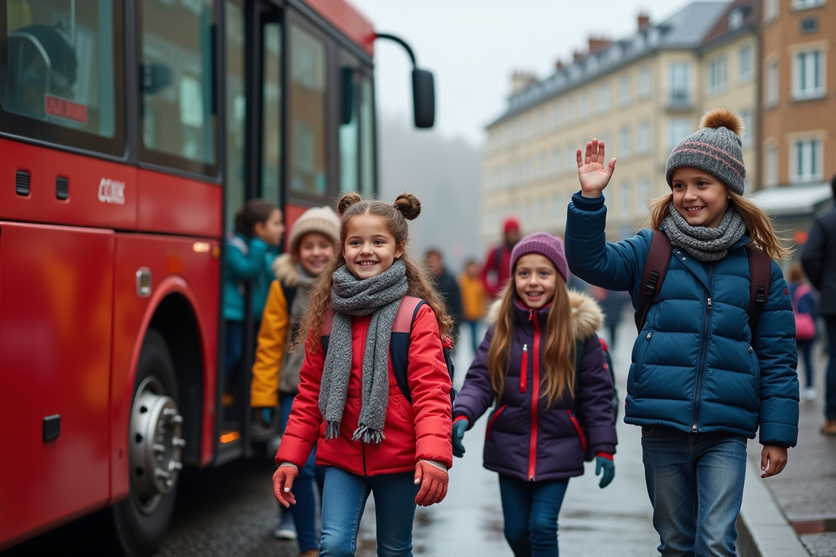 Groupe d enfants partant en voyage scolaire devant un bus