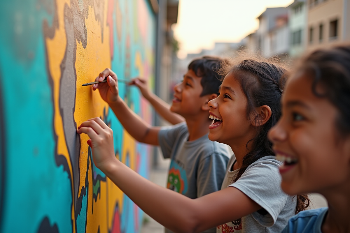 Enfants et adultes peignant un mural coloré en ville